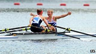 GB's Sophie Hosking and Katherine Copeland celebrate winning gold.