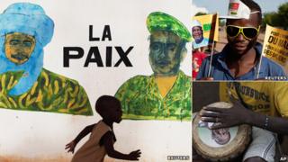 Left: A child runs in front of a mural that reads "Peace", in Timbuktu on 24 July 2013. Top right: A supporter of presidential candidate Ibrahim Boubakar Keita. Bottom right: A drumming supporter of presidential candidate Soumaila Cisse