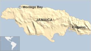 Map showing cities of Montego Bay and Kingston in Jamaica