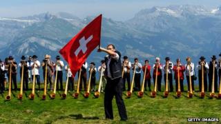 Swiss flag at Nendaz alphorn festival, 28 Jul 13