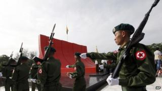 Soldiers march at the Martyrs' Mausoleum in Rangoon (July 2013)