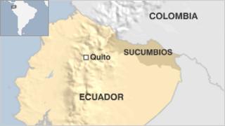 Map showing the region of Sucumbios in Ecuador
