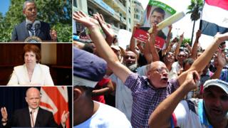 Composite photo: Barack Obama, Catherine Ashton, William Hague, Egyptian pro-Morsi protestors