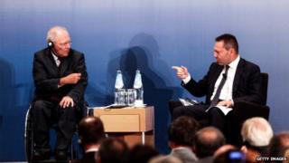 Wolfgang Schaeuble (left) and Yannis Stournaras