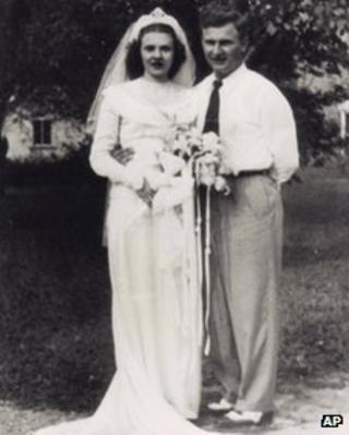 Harold and Ruth Knapke pose for a photo on their wedding day in St Henry, Ohio 20 August 1947