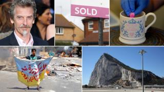 Clockwise, from left: Peter Capaldi; a "sold" sign; the royal baby mug; Rock of Gibraltar; Egyptian protester