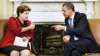 Brazilian President Dilma Rousseff and US President Barack Obama, Washington, April 2012 (file photo)