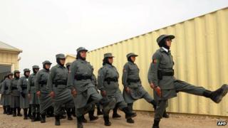 File photo: Afghan policewomen march during a graduation ceremony at a police training centre in Herat