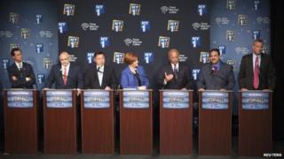 Democratic primary candidates for Mayor of New York City face off for the first debate at the Town Hall, in New York 21 August 2013