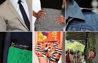 Details from clothing: a man's tie, vertical stripes, denim, clashing patterns, green and blue clothing