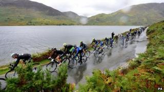 Tour of Britain riders at Crummock Water near Keswick