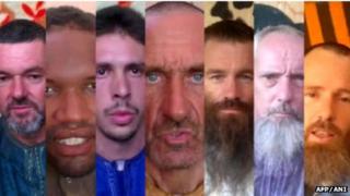A handout image from Agence Nouakchott Informations (ANI), allegedly obtained from al-Qaeda in the Magreb (AQIM), shows the seven Dutch, French, Swedish and South African hostages kidnapped in northern Niger and in Mali between 2010 and 2012