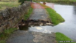 The damaged Leeds and Liverpool Canal towpath