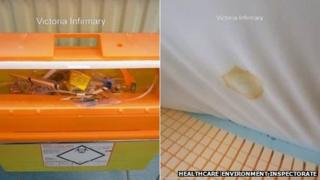 Unsafe sharps bin and staining inside mattress cover
