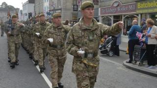 The 1st Battalion the Yorkshire Regiment march through Warminster, Wiltshire