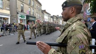 The 1st Battalion the Yorkshire Regiment march through Warminster, Wiltshire