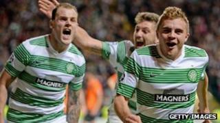Celtic celebrate scoring against Shakhter Karagandy