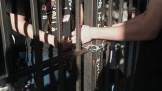 Students lock the doors of this Thessaloniki high-school in the suburb of Kalamaria