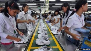 Workers at a shoe factory in Indonesia