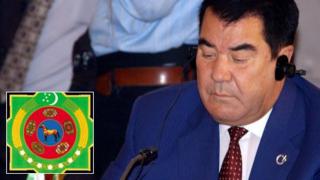 Composite image of Saparmurat Niyazov with, inset, the national emblem featuring his horse