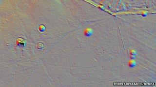 Damaged Bronze Age barrows on Beaulieu Heath. Copyright: Forest Research, based on Cambridge University Technical Services and NFNPA data