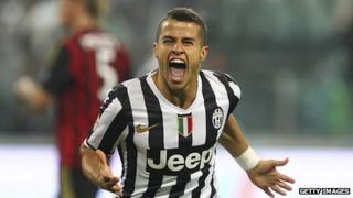 Sebastian Giovinco of Juventus FC celebrates his goal in this season's Serie A match against AC Milan