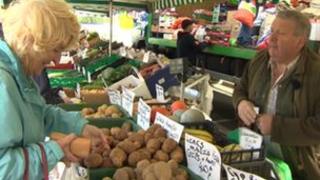 Emyr Owen on the stall he has at Llangefni market