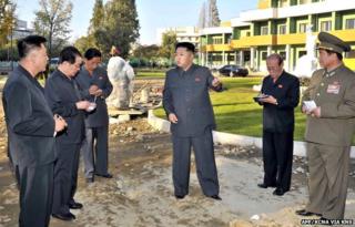 Picture released by North Koreas official Korean Central News Agency (KCNA) on 6 October purporting to show North Korean leader Kim Jong-un, centre, inspecting the construction site of a children's hospital in Pyongyang.