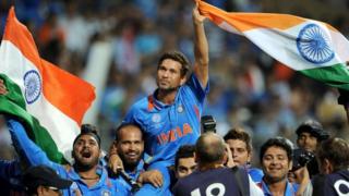Indian batsman Sachin Tendulkar is carried on his teammates shoulders after India defeated Sri Lanka in the ICC Cricket World Cup 2011 final played at The Wankhede Stadium in Mumbai