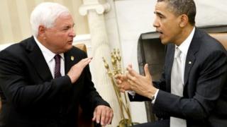 File photograph of Ricardo Martinelli with Barack Obama