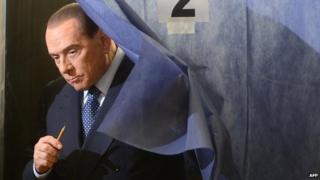Silvio Berlusconi leaving a voting booth, Milan (file photo 24 Feb)
