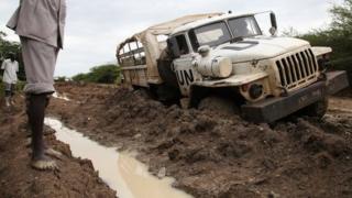 A truck stuck in the mud in Abyei (October 2013)