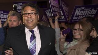 Naheed Nenshi speaks to his supporters after he was elected Calgary mayor for a second term in Calgary, Alberta on 21 October 2013