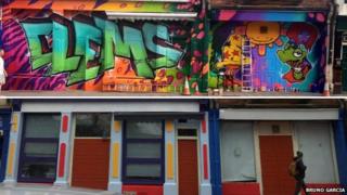 Composite of Clems nightclub with graffiti front, and a multi-colured paint job