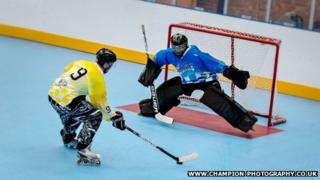 Inline roller hockey players at Solent Arena