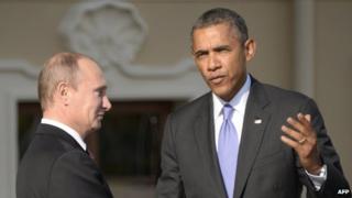 Russian President Vladimir Putin (L) welcomes US President Barack Obama at the start of the G20 summit in this 5 September 2013 file image