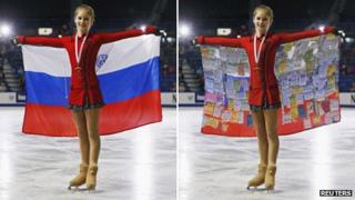 Yulia Lipnitskaya with the Russian flag - and a blogger's take on the situation, with "sponsors' messages" superimposed over the flag