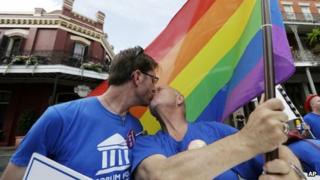A file photo shows two men kissing during a gay rights rally in New Orleans, Louisiana on 26 June 2013