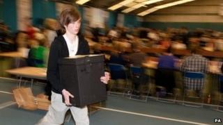 Ballot boxes are ran in during Sunderland election count at Sunderland tennis centre, Sunderland for the 2010 General Election