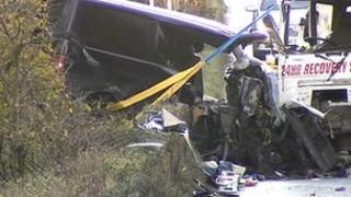 The van was left hanging above water after the collision with a lorry