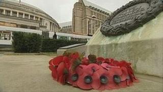 Poppy wreath at cenotaph in St Peter's Square, Manchester