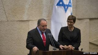 Avigdor Lieberman is sworn in as Israeli Foreign Minister during a special Knesset session on 11 November 2013