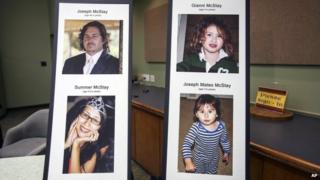 Photo display of McStay family at a press conference at the San Bernardino County Sheriff's Department headquarters in San Bernadino, California 15 November 2013