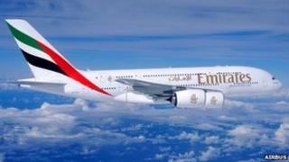 Emirates Airbus A380 in flight