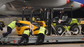 Vehicles being loaded on to the plane