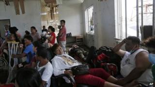 A make-shift hospital waiting room in a damaged building in the Philippines