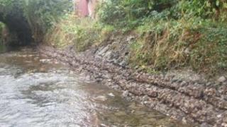 A hard rock defence has been installed to reinforce the flood bank