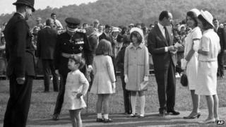 John Kennedy Jr, Jackie Kennedy and family at the memorial unveiling in Runnymede