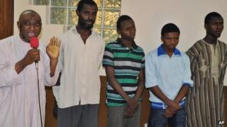 Suspected Boko Haram sect members from left - Muhammed Nazeef Yunus, Umar Musa, Mustapha Yusuf, Ismaila Abdulazeez, and Ibrahim Isah - are paraded by Nigeria's secret police, in Abuja, Nigeria - 20 Wednesday November 2013