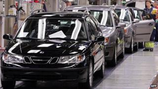 Cars at production line in Saab factory in Sweden